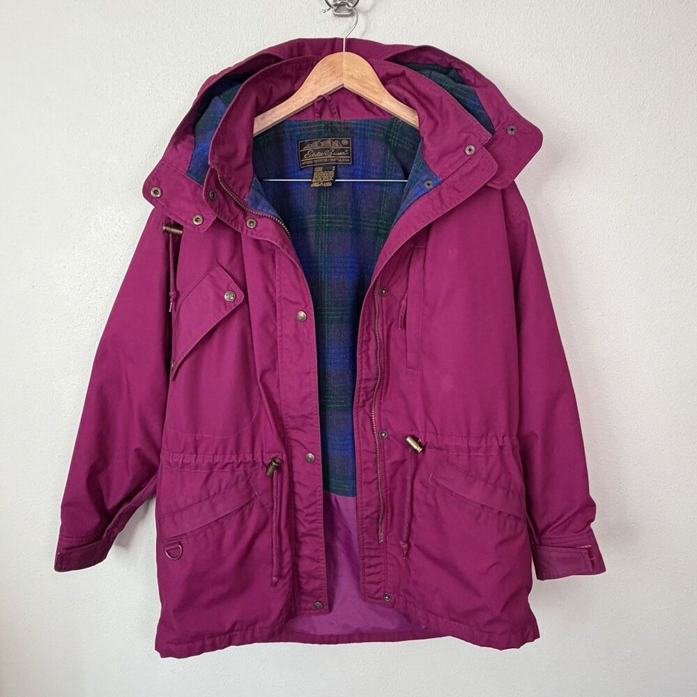 Vtg 90s Eddie Bauer Mountain Parka Plaid Lined Jacket Gorpcore Magenta Womens M